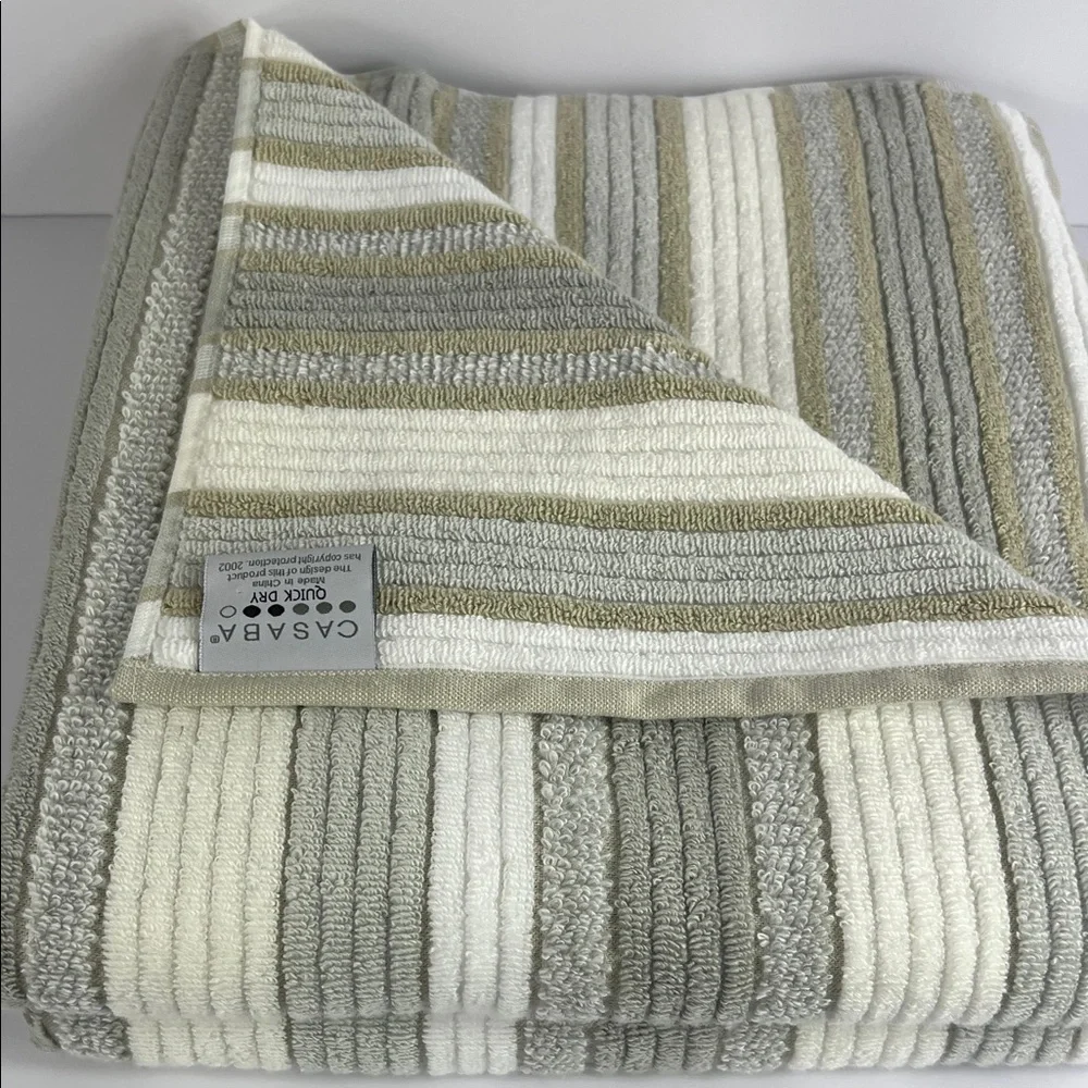 Casaba Bath Towel Set Striped Taupe Tan White Zero Twist Quick Dry 2 Pc NEW